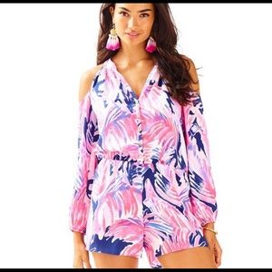 Lilly Pulitzer Sunny Shoulder Elsa Silk Romper in True Blue Paradise Point